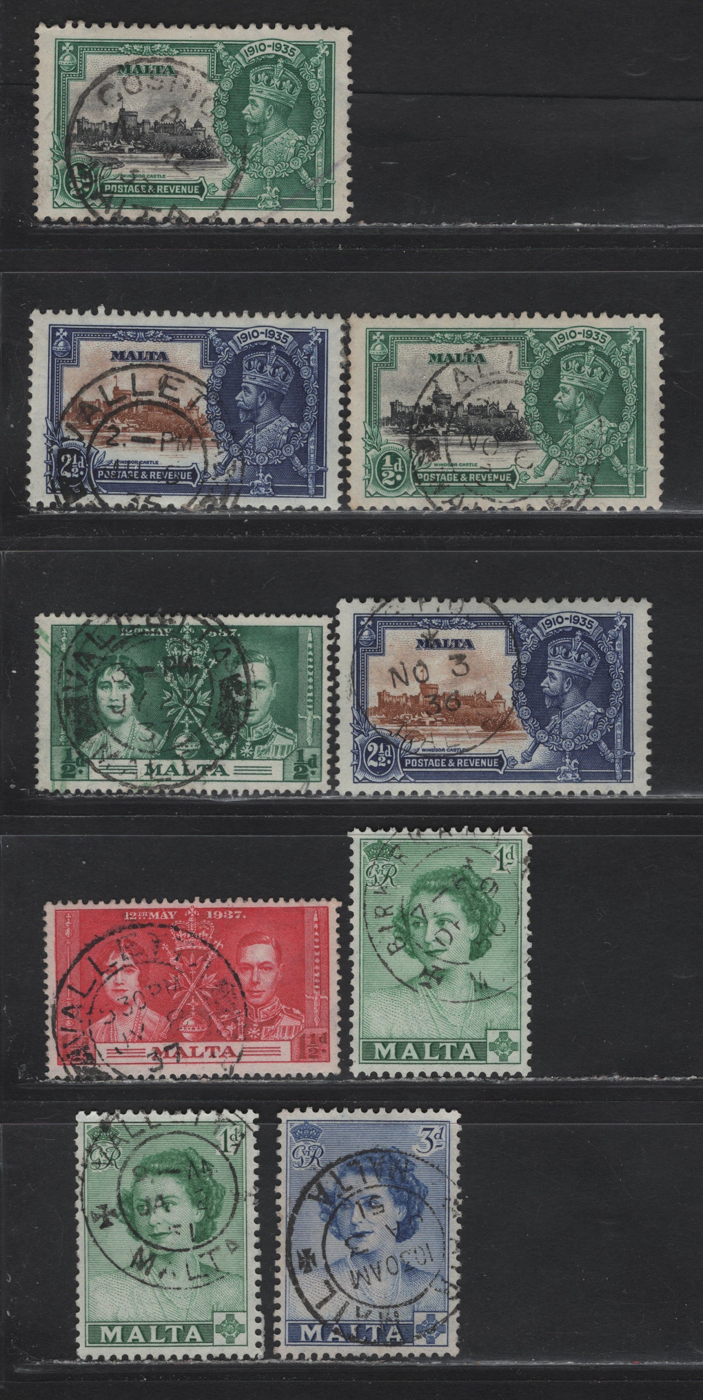 Lot 89 Malta (C) SG#210, 214-215, 255-256, 211 1/2d - 3d Green & Black - Blue Silver Jubilee - Visit of Princess Elizabeth, 1935-1950 Silver Jubilee - Visit of Princess Elizabeth Issues, 9 Very Fine Used Singles, SON Town Cancels