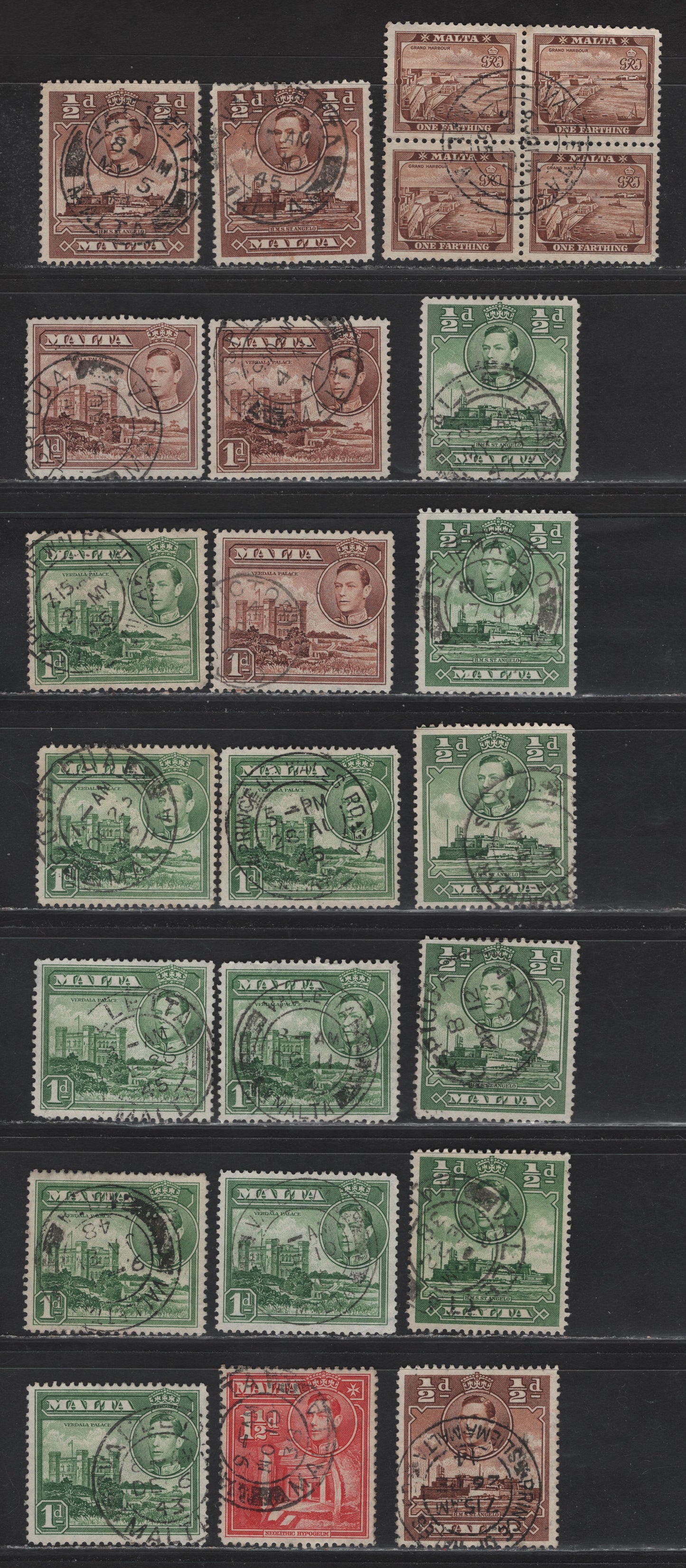 Lot 90 Malta (C) SG#217-220 1/4d - 1.5d Brown - Scarlet King George VI, 1938-1943 KGVI Pictorial Issue, 21 Fine/Very Fine Used Singles & Block Of 4, SON Town Cancels With Some Duplication, Some Shade Variations For The Different Printings Made