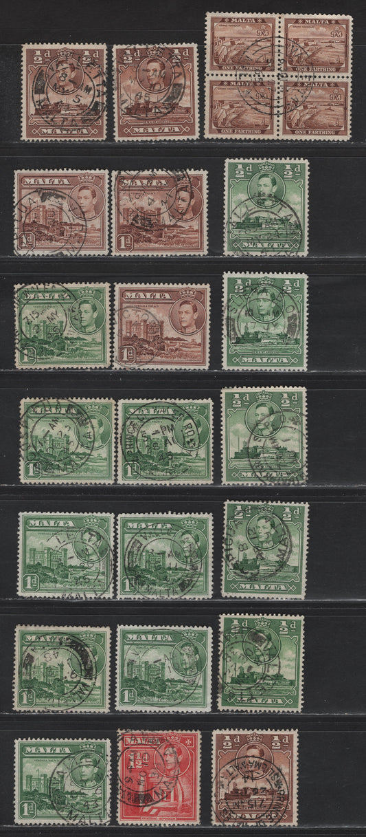 Lot 90 Malta (C) SG#217-220 1/4d - 1.5d Brown - Scarlet King George VI, 1938-1943 KGVI Pictorial Issue, 21 Fine/Very Fine Used Singles & Block Of 4, SON Town Cancels With Some Duplication, Some Shade Variations For The Different Printings Made