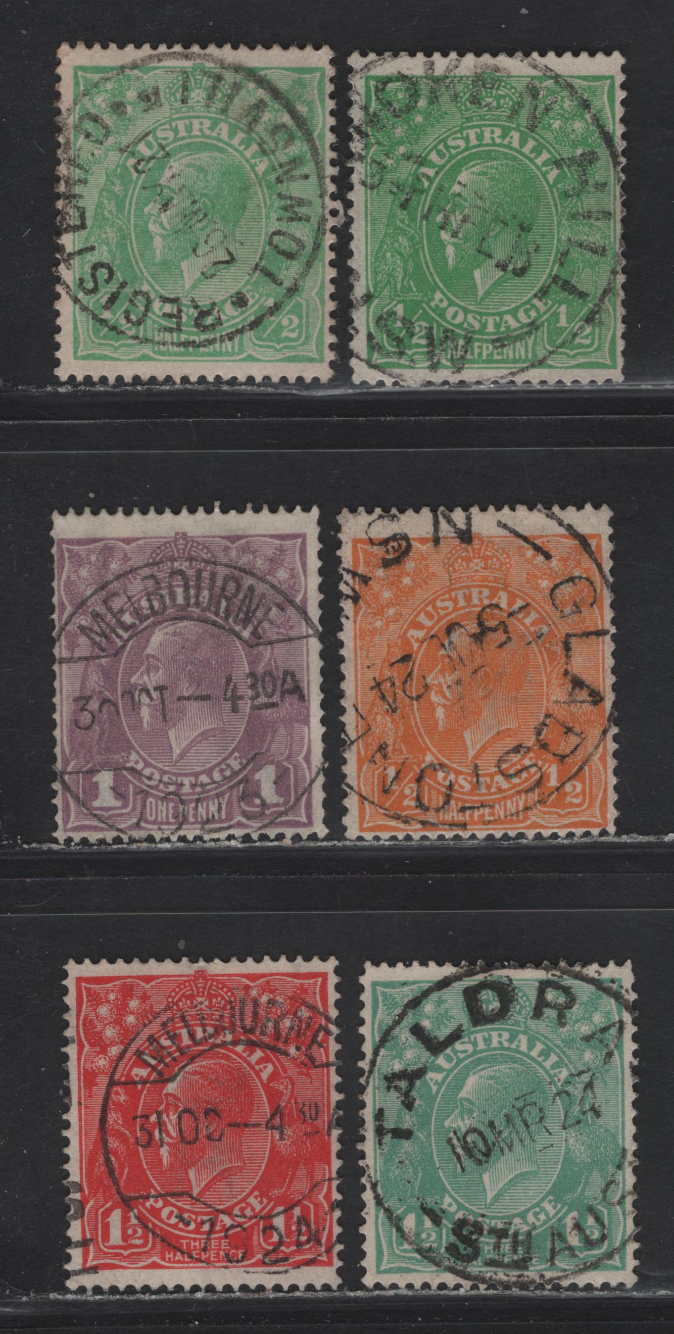 Lot 9 Australia (C)  SG#20,b, 56, 61, 57, 77 1/2d - 1.5 Bright Green - Scarlet King George V, 1914-1923 KGV Heads Issue, 6 Fine/Very Fine Used Singles, Single Wmk, CDS Town Cancels Including Broken Hill, Townsville, Gladstone, Melbourne & Taldra
