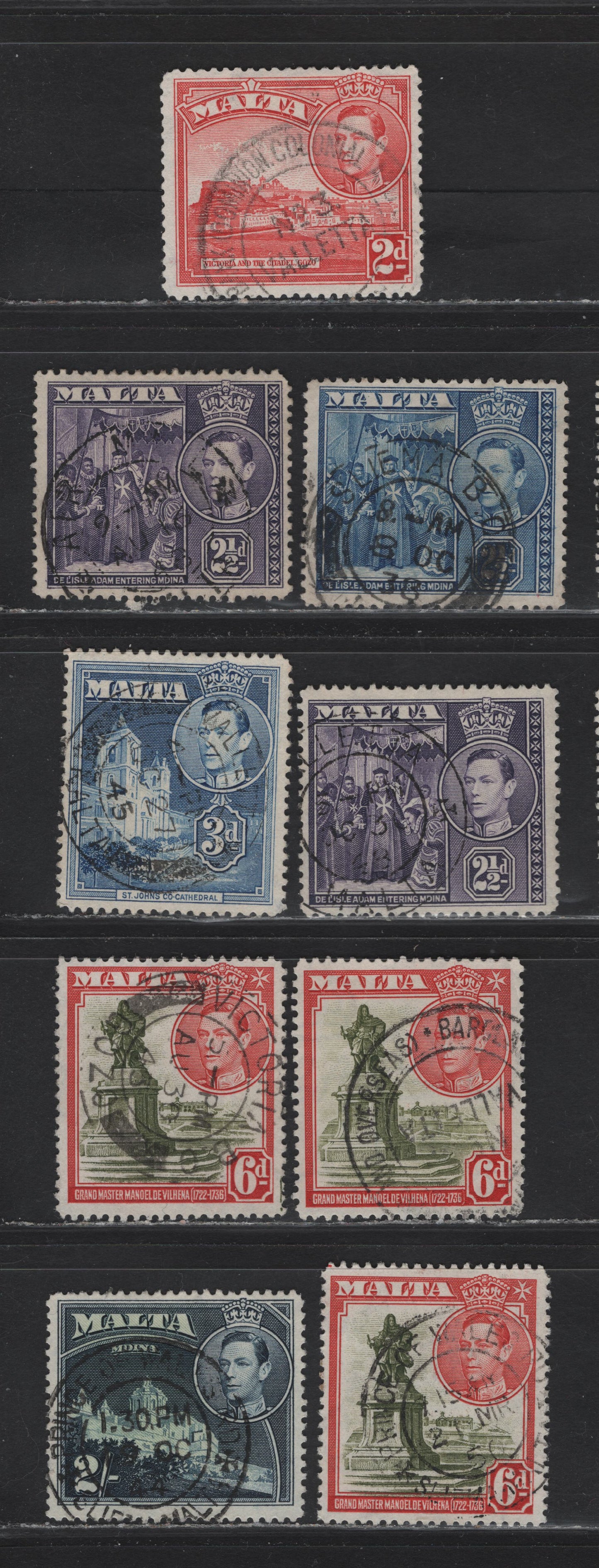 Lot 91 Malta (C) SG#221b-222a, 223a, 225, 228 2d - 2/- Scarlet - Green & Dark Blue King George VI, 1938-1943 KGVI Pictorial Issue, 9 Fine/Very Fine Used Singles, SON CDS Town Cancels