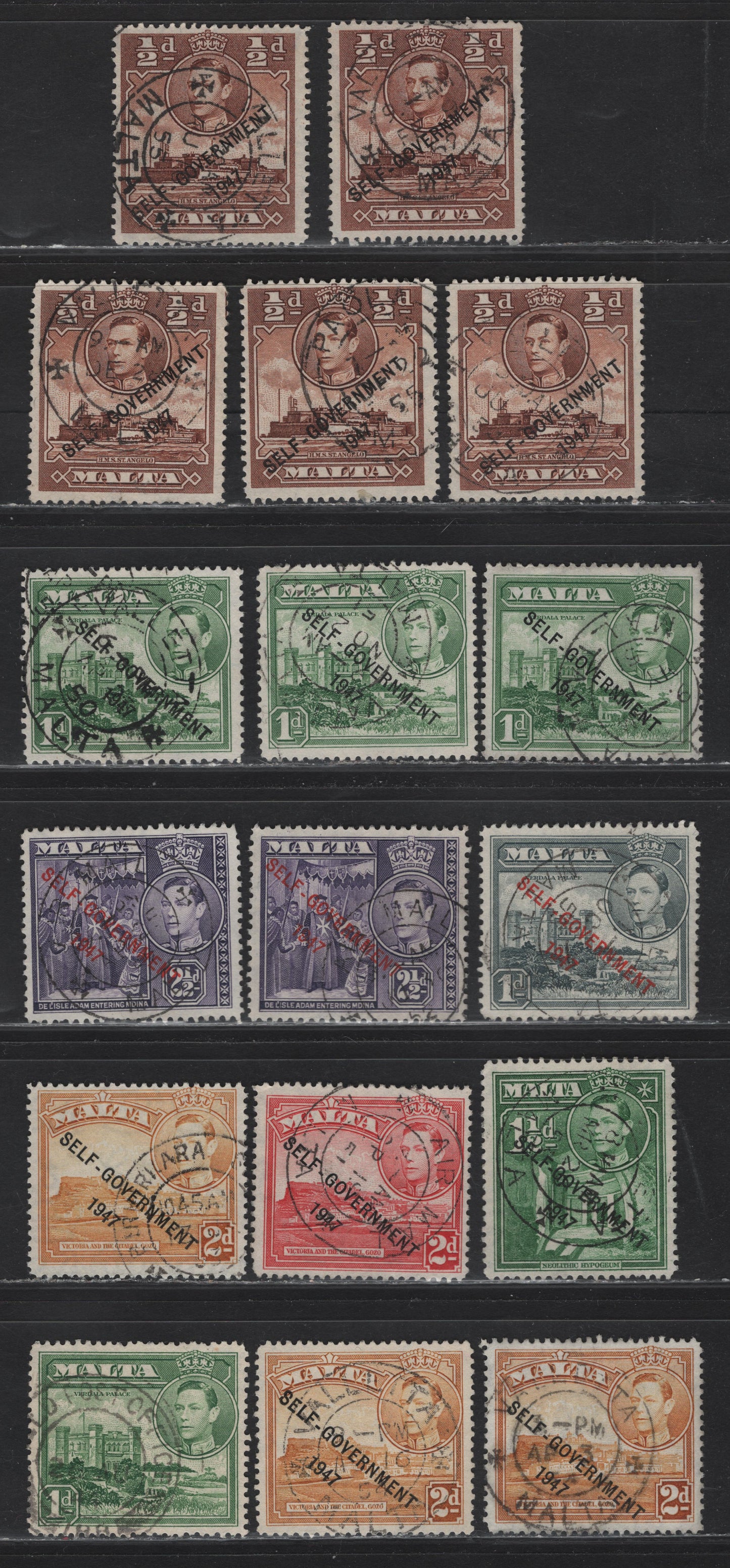 Lot 92 Malta (C) SG#235-237a,b, 238,c, 239, 219a 1/2d - 2.5d Brown - Dull Violet King George VI, 1948-1953 KGVI Pictorials & Self Government Overprints, 17 Very Fine Used Singles, SON CDS Cancels