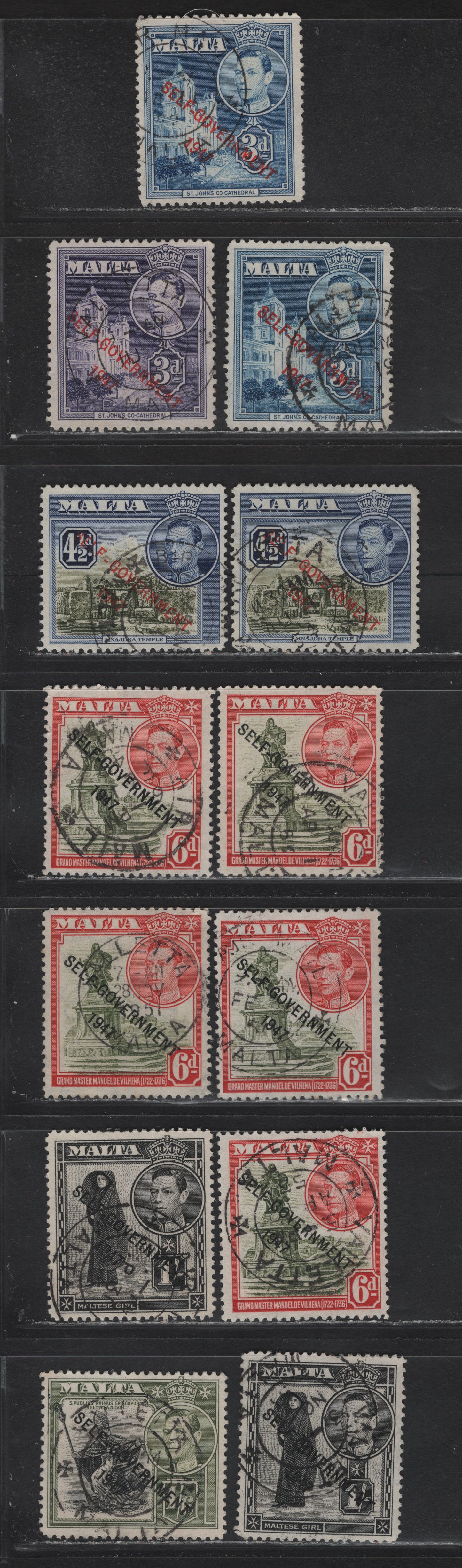Lot 93 Malta (C) SG#240-a, 241a-244 3d - 1/6 Blue - Black & Olive Green King George VI, 1948-1953 KGVI Pictorials With Self Gov't Overprints, 13 Fine/Very Fine Used Singles, SON Town Cancles