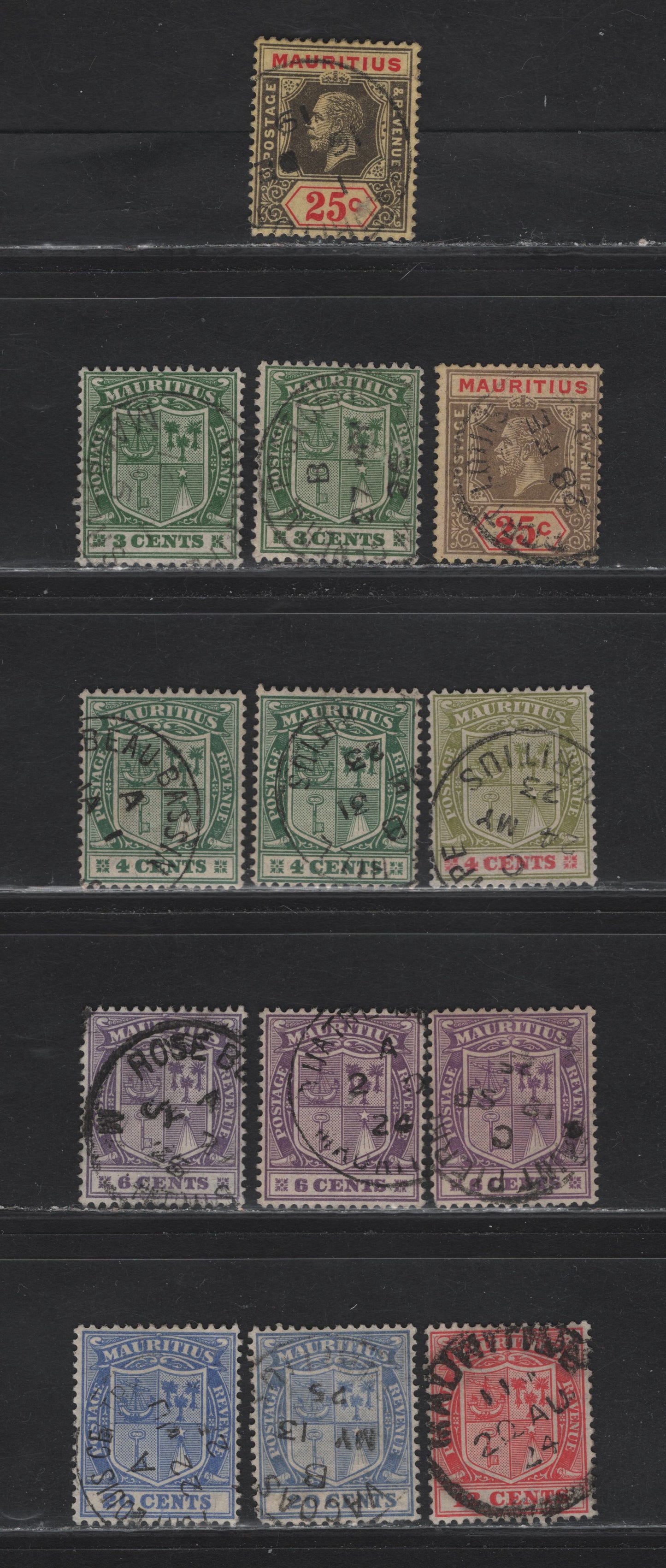 Lot 94 Mauritius (C) SG#199,c, 208-210, 213, 217, 220 25c - 20c Black & Red on Yellow - Blue King George V, 1913-1922 KGV Imperium Keyplate Issue, 13 Fine/Very Fine Used Singles, SON Cancels