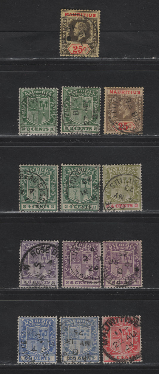 Lot 94 Mauritius (C) SG#199,c, 208-210, 213, 217, 220 25c - 20c Black & Red on Yellow - Blue King George V, 1913-1922 KGV Imperium Keyplate Issue, 13 Fine/Very Fine Used Singles, SON Cancels