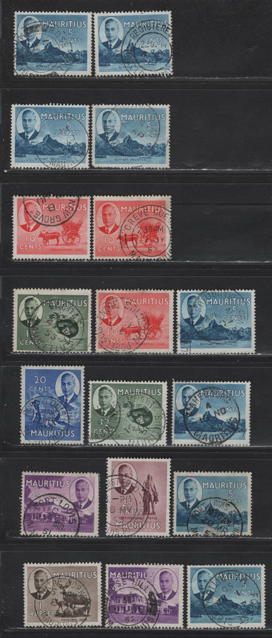 Lot 98 Mauritius (C)   SG#280-285, 287 5c - 1r Blue - Sepia King George VI, 1950 KGVI Pictorial Issue, 18 Fine/Very Fine Used Singles, SON Town Cancels