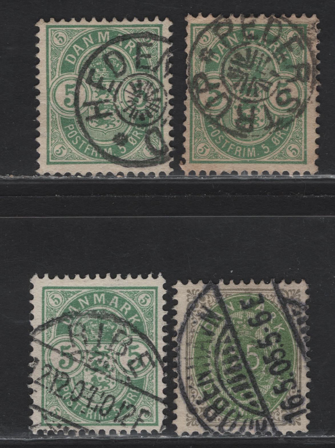 Lot 108 Denmark (C)SC#43, 50 50o - 25o Green - Gray & Green Numeral & Arms, 1895-1901 Numeral & Arms Issue, 4 Fine/Very Fine Used Singles, Perf 13, SON Town Cancels