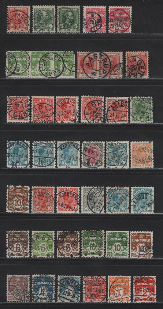 Lot 109 Denmark SC#60/129 4o - 2k Dull Blue - Gray & Claret Numerals - King Christian X, 1905-1928 Numerals - King Christian X Keyplate Issues, 38 Fine/Very Fine Used Singles, Crown Wmk, SON Town Cancels