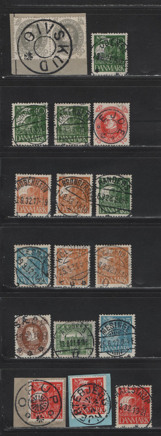 Lot 110 Denmark SC#159, 192, 194-195, 197, 213-215   , 1921-1930 Buildings - Birthday Of King Christian X Issues, 17 Fine/Very Fine Used Singles, SON Town Cancels