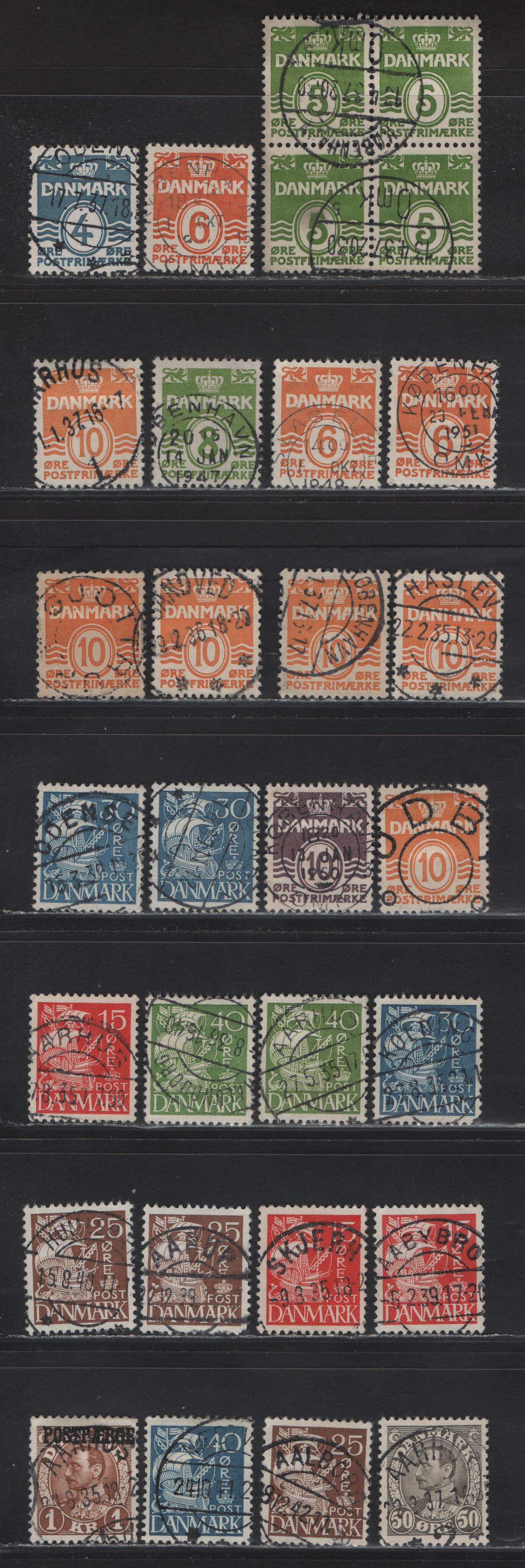 Lot 111 Denmark SC#222-223, 224c, 227a, 228, 230, 236, 238-a,e,j, 239,Q27 5o - 1kr Yellow Green - Brown Numeral - Parcel Post, 1933-1941 Numeral - Parcel Post Issues, 27 Very Fine Used Singles, Types 1 & 2, All With SON Cancels
