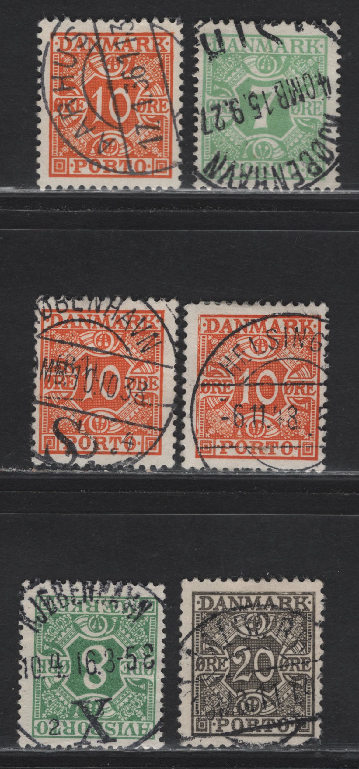 Lot 113 Denmark SC#J13, J30, J33, P14 7o - 8o Apple Green - Green Postage - Newspaper, 1914-1930 Typographed Newspaper & Postage Dues, 6 Fine/Very Fine Used Singles, Wmk Crosses, SON CDS Cancels