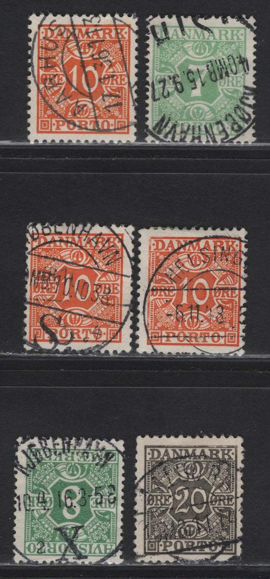Lot 113 Denmark SC#J13, J30, J33, P14 7o - 8o Apple Green - Green Postage - Newspaper, 1914-1930 Typographed Newspaper & Postage Dues, 6 Fine/Very Fine Used Singles, Wmk Crosses, SON CDS Cancels