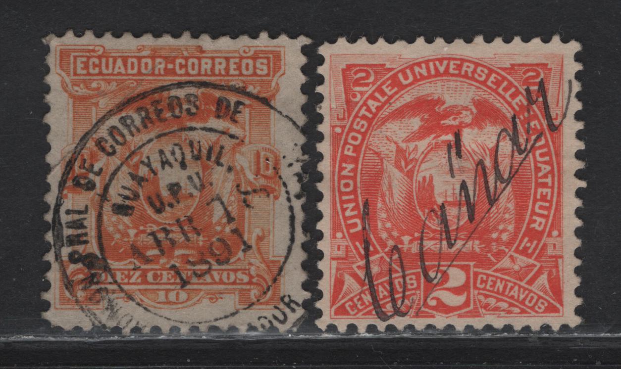 Lot 116 Ecuador SC#15, 20 10c - 2c Orange - Vermillion Arms, 1881-1887 Arms Issues, 2 Good/Fine Used Singles, Script Canar Overprint & April 7 1891 SON CDS Cancels