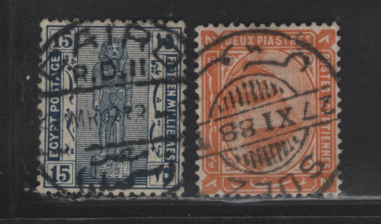 Lot 117 Egypt SC#34, 70 2p - 15m Orange Brown - Indigo Pyramid & Sphinx, 1879-1902 Pyramid & Sphinx Keyplate Issue, 2 Very Fine Used Singles, Triple Crescent & Star Wmk, SON Cairo & Suez CDS Cancels
