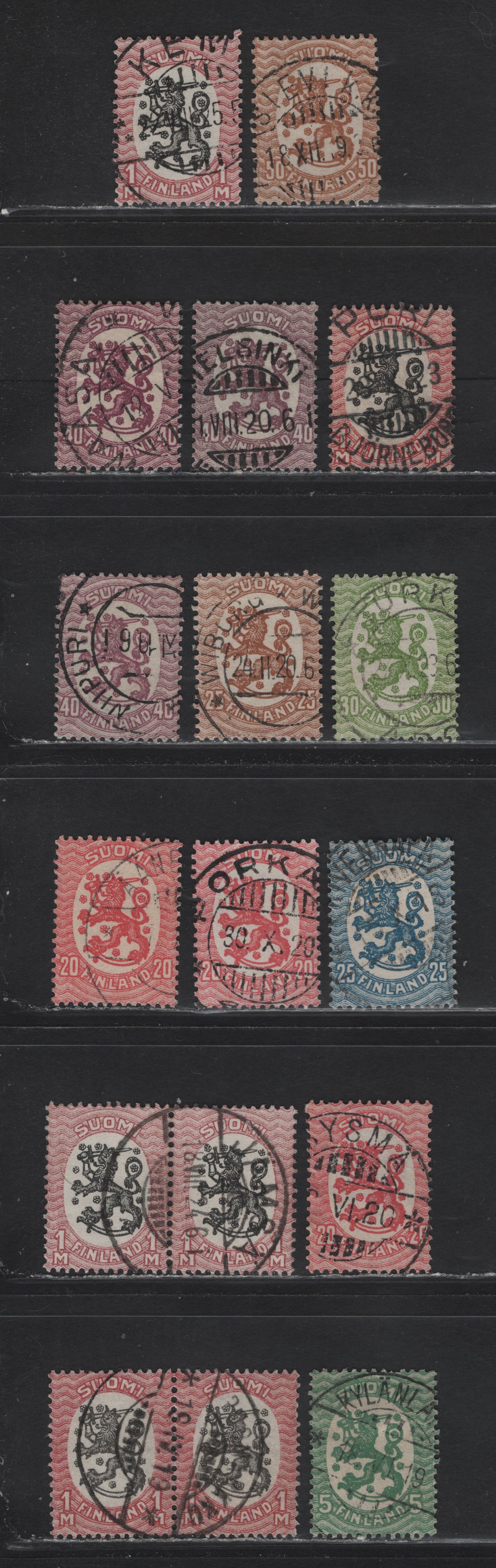 Lot 119 Finland SC#83, 89, 91-94, 96, 101 5p - 1m Green - Dull Rose & Black Helsinki, 1917-1930 Helsinki Issue, 15 Very Fine Used Singles, Unwatermarked, Nearly All With SON Town Cancels