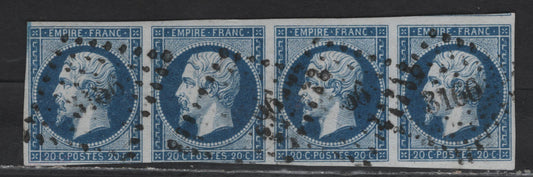 Lot 124 France SC#15a 20c - 40c Dark Blue Napoleon III, 1853-1860 Napoleon III Issue, A Fine Used Strip Of 4, Canceleld With 3160 Diagonal Dotted Cancel, Margins Are Clear To Just Touching On The Bottom of the Two Left Stamps