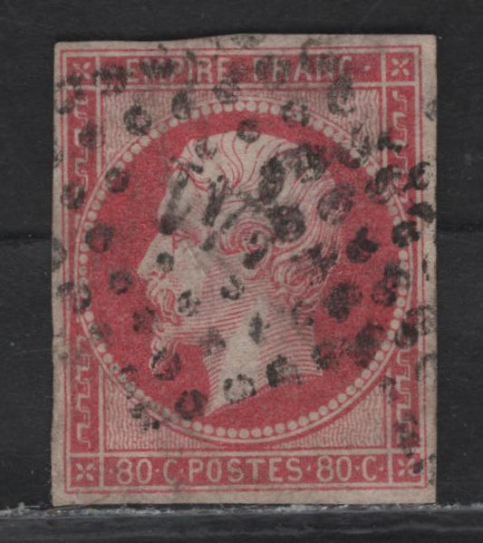 Lot 125 France SC#19d 80c Pale Carmine Lake Napoleon III, 1853-1860 Napoleon III Issue, A Fine Used Single, #441 Diamond Dotted Cancel, Small Internal Paper Wrinkle
