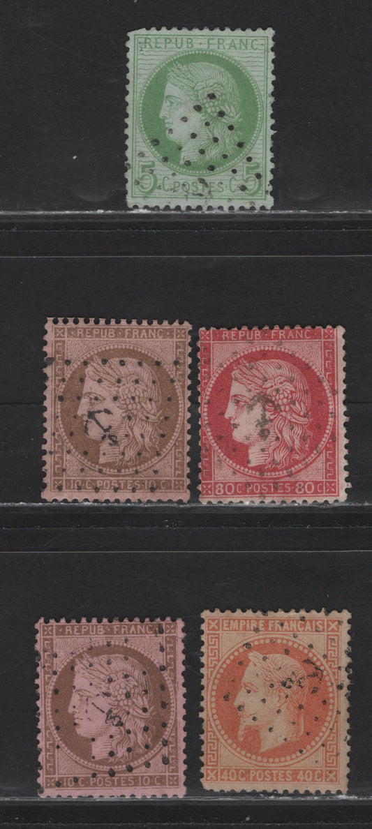Lot 128 France SC#35a, 53, 55, 63b 40c -80c Orange - Carmine Rose Napoleon Lawreates - Ceres, 1863-1875 Napoleon Lawreates - Ceres Issues, 5 Fine Used Singles, Maritime Dotted Anchor Cancels, These Were Used For Transatlantic Mail
