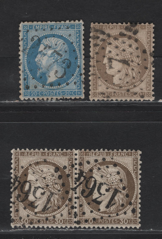 Lot 129 France SC#26, 62 20c - 30c Blue - Brown on Yellowish Napoleon - Ceres, 1862-1875 Napoleon - Ceres Issues, 3 Very Fine Used Singles & Pair, Well Centered Examples With Paris Central Bureau & Diamond Dotted Numeral Cancels #1364, 7 & 2473
