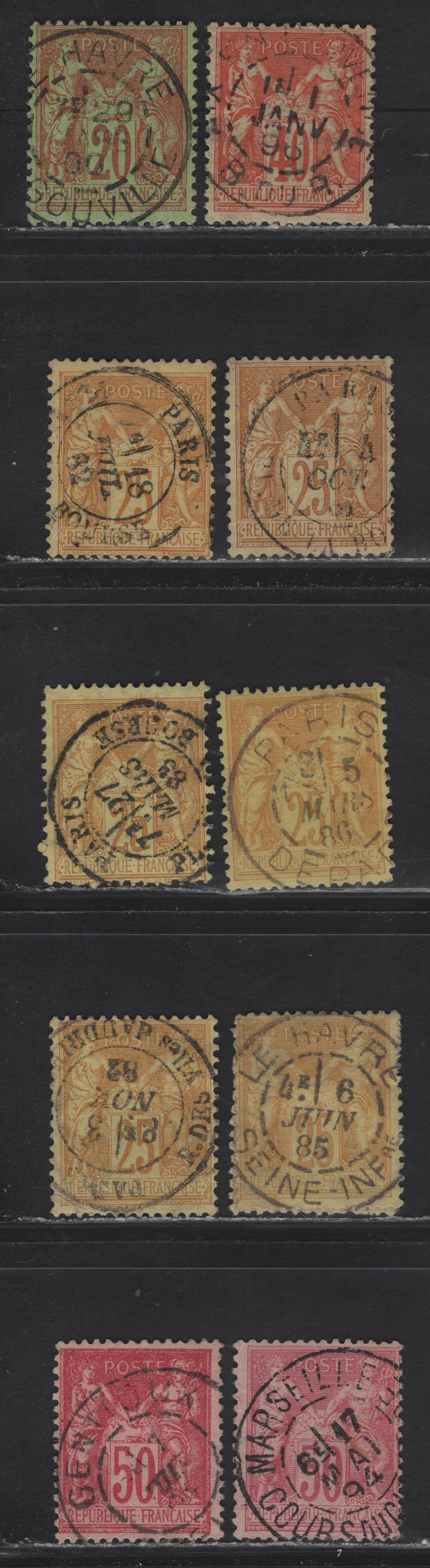 Lot 133 France SC#95, 98-99, 101-a 40c - 50c Red - Carmine Peace & Commerce, 1879-1890 Peace & Commerce Issue, 10 Fine/Very Fine Used Singles, SON Town Cancels