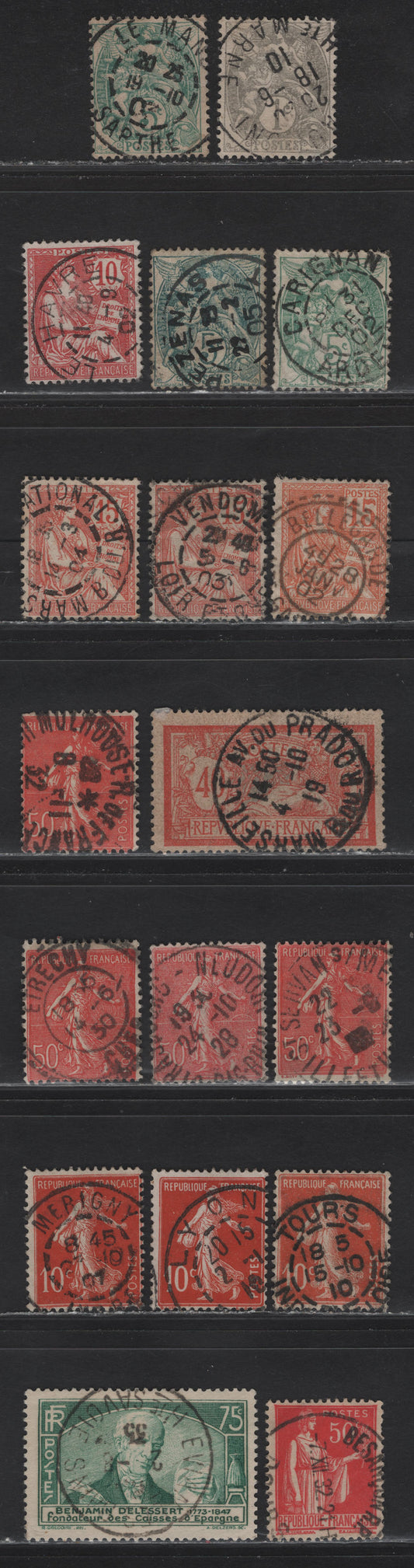 Lot 134 France SC#109, 113, 117, 133-134, 146, 121b, 162,b, 267, 301 1c - 75c Gray - Blue Green , 1900-1929 Liberty & Rights Of Man - Int'l Savings Bank Congress Issues, 18 Fine/Very Fine Used Singles, SON CDS Cancels