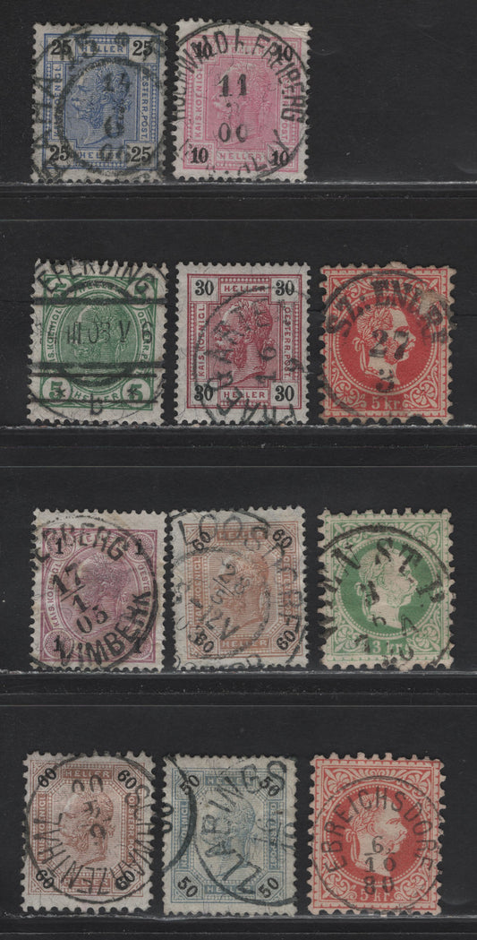 Lot 137 Austria SC#29a, 35-36, 70, 75, 77-78, 81-82,c, 89 5k - 5h Rose - Dark Blue Green Franz Josef, 1862-1907 Franz Josef Issues, 11 Fine/Very Fine Used Singles, Coarse Print, SONTown Cancels Including Szent Endri (Hungary) & Ebreichsdorf