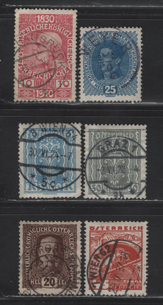 Lot 138 Austria SC#151, 170, B2, 262, 286, 367 20h - 10h Chocolate - Rose Franz Josef & Crown, 1910-1918 Semi Postal -Frans Josef & Crown Issues, 6 Very Good/Fine/Very Fine Used Singles, SON CDS Town Cancels