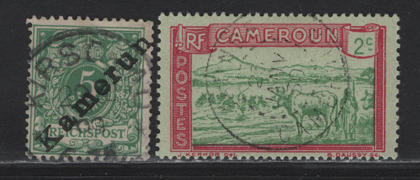 Lot 139 Cameroon SC#2, 171 5c - 2c Green - Rose & Green German Arms - Pictorial, 1897-1938 Overprinted German Arms - Pictorial Issues, 2 Fine Used Singles, SON CDS Cancels