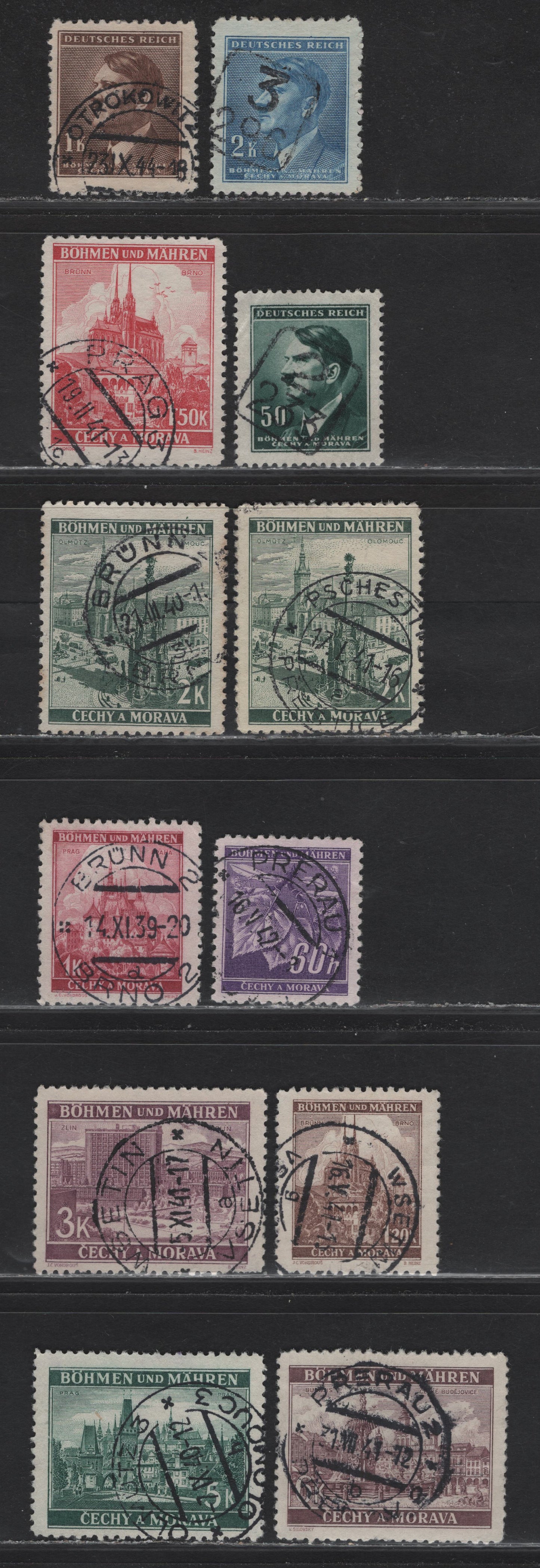 Lot 140 Czechoslovakia - Bohemia & Moravia SC#30, 32-33, 35, 37, 45, 42, 65, 68, 72, 49 1k - 2k Deep Rose - Light Blue Pictorials - Hitler, 1939-1942 Pictorial - Hitler Portrait Issues, 12 Fine/Very Fine Used Singles, SON CDS Town Cancels