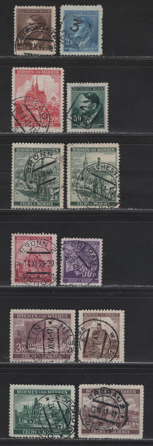 Lot 140 Czechoslovakia - Bohemia & Moravia SC#30, 32-33, 35, 37, 45, 42, 65, 68, 72, 49 1k - 2k Deep Rose - Light Blue Pictorials - Hitler, 1939-1942 Pictorial - Hitler Portrait Issues, 12 Fine/Very Fine Used Singles, SON CDS Town Cancels
