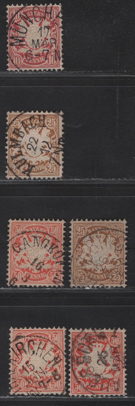 Lot 146 Germany - Bavaria SC#41, 43, 44 10pf, 25pf, 50pf Rose, Yellow Brown & Scarlet Coat of Arms, 1876-1878 Embossed Arms Issue, Wmk Wavy Lines, 6 Fine & VF Singles All With SON CDS Town Cancels