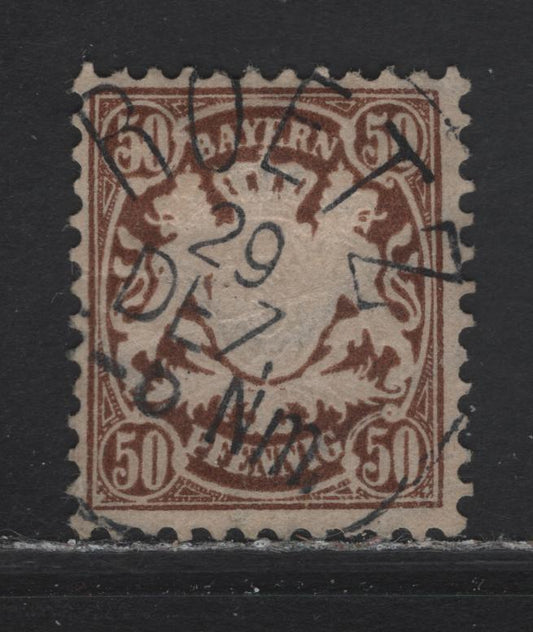 Lot 147 Germany - Bavaria SC#45 50pf Brown Coat of Arms, 1876-1878 Embossed Arms Issue, Wmk Wavy Lines, A Fine Single With SON Roetz CDS Cancel