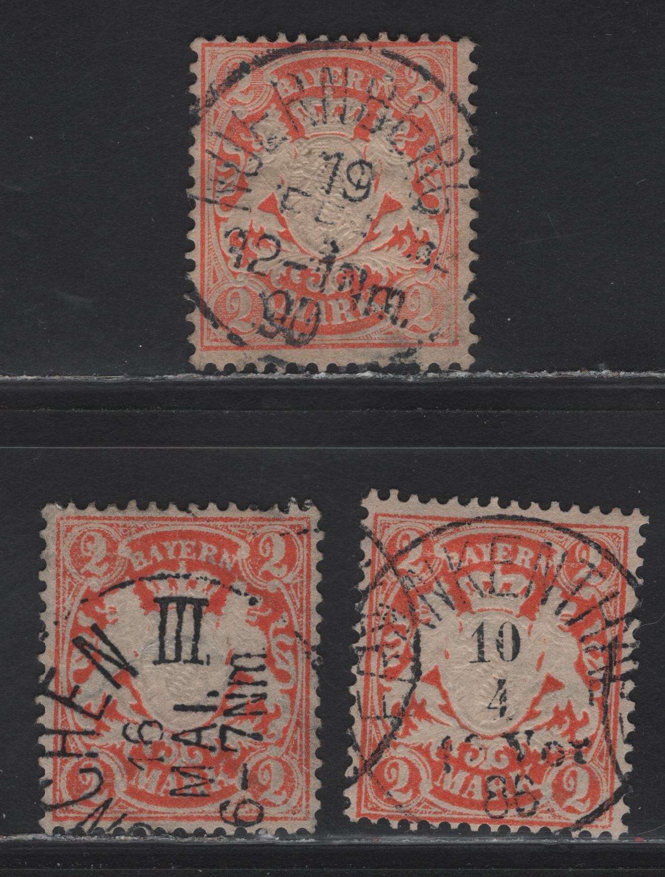 Lot 148 Germany - Bavaria SC#47 2m Orange Coat of Arms, 1876-1878 Embossed Arms Issue, Wmk Wavy Lines, 3 VG, Fine & VF Singles With SON Munich, Frankenthal & Nuremburg CDS Cancels, Back Thin On The Nurembur Stamp