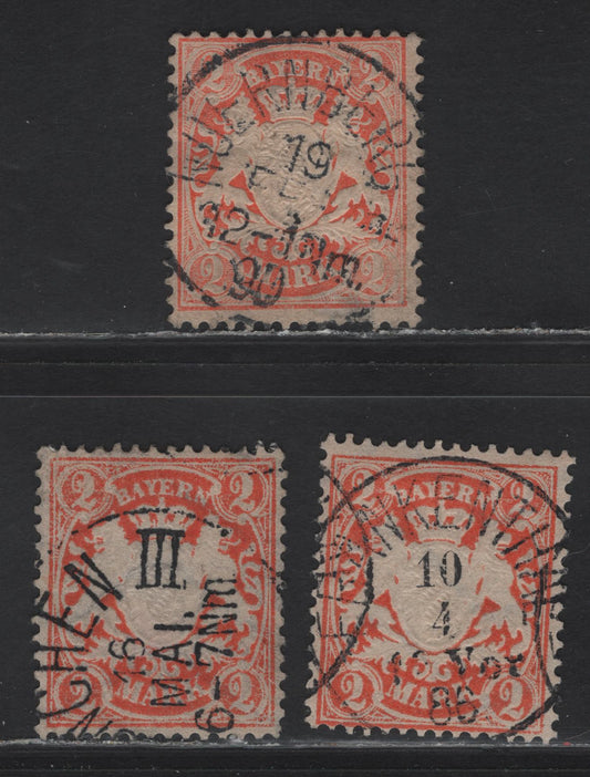 Lot 148 Germany - Bavaria SC#47 2m Orange Coat of Arms, 1876-1878 Embossed Arms Issue, Wmk Wavy Lines, 3 VG, Fine & VF Singles With SON Munich, Frankenthal & Nuremburg CDS Cancels, Back Thin On The Nurembur Stamp