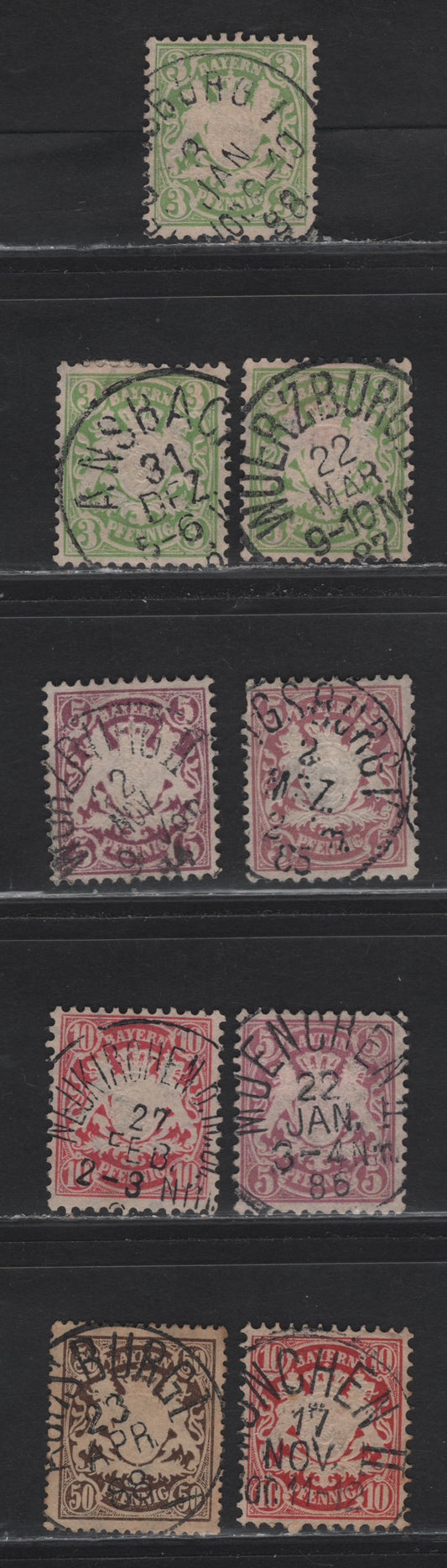 Lot 149 Germany - Bavaria SC#48-50, 69 3pf-50pf Green, Lilac, Carmine, Deep Brown Coat of Arms, 1881-1890 Embossed Arms Issue, Wmk Vertical & Horizontal Wavy Lines, 9 Fine & VF Singles All With SON CDS Town Cancels, Small Corner Crease On One 10pf
