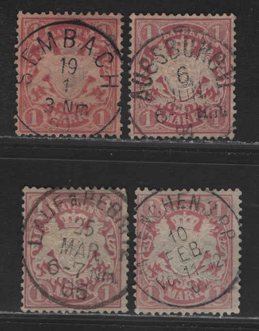 Lot 150 Germany - Bavaria SC#54-54a 1m Rose Lilac & Brownish Lilac Coat of Arms, 1881-1911 Embossed Arms Issue, Wmk Vertical Wavy Lines, 4 Fine & VF Singles All With SON CDS Town Cancels, Small Faults On 2