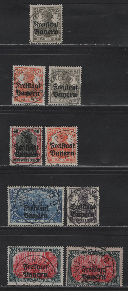 Lot 151 Germany - Bavaria SC#176, 179, 181, 185, 189, 191 2.5m - 5m Grey - Slate & Carmine Germania - Kaiser Wilhelm, 1919 Free State Overprints, 9 Fine & VF Singles All With SON CDS Town Cancels