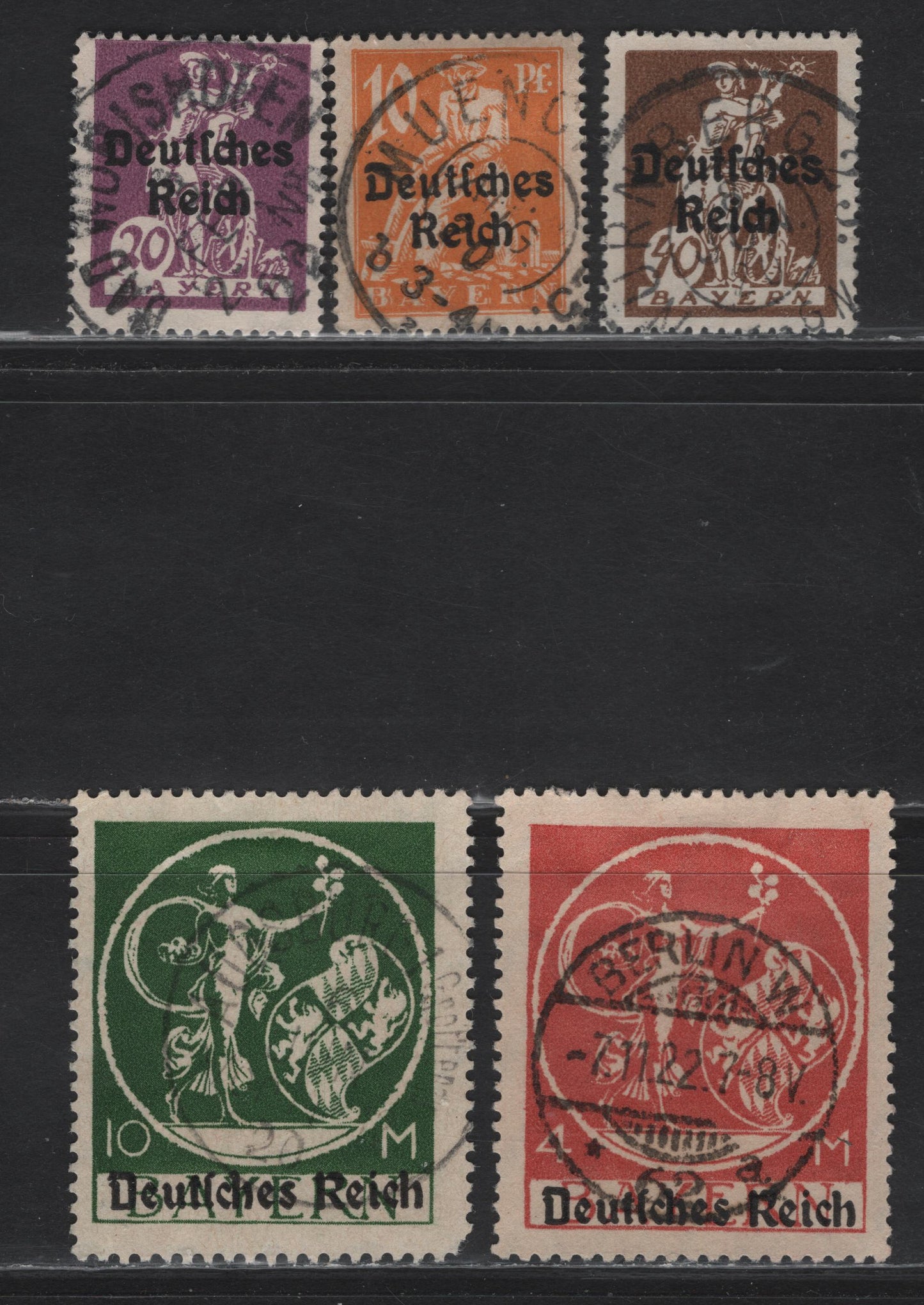 Lot 152 Germany - Bavaria SC#257, 259, 261, 272, 274 10pf - 10m Orange - Deep Green Plowman - Von Kaulbach's Genius, 1920 Deutches Reich Overprints, 5 Fine & VF Singles All With SON CDS Town Cancels