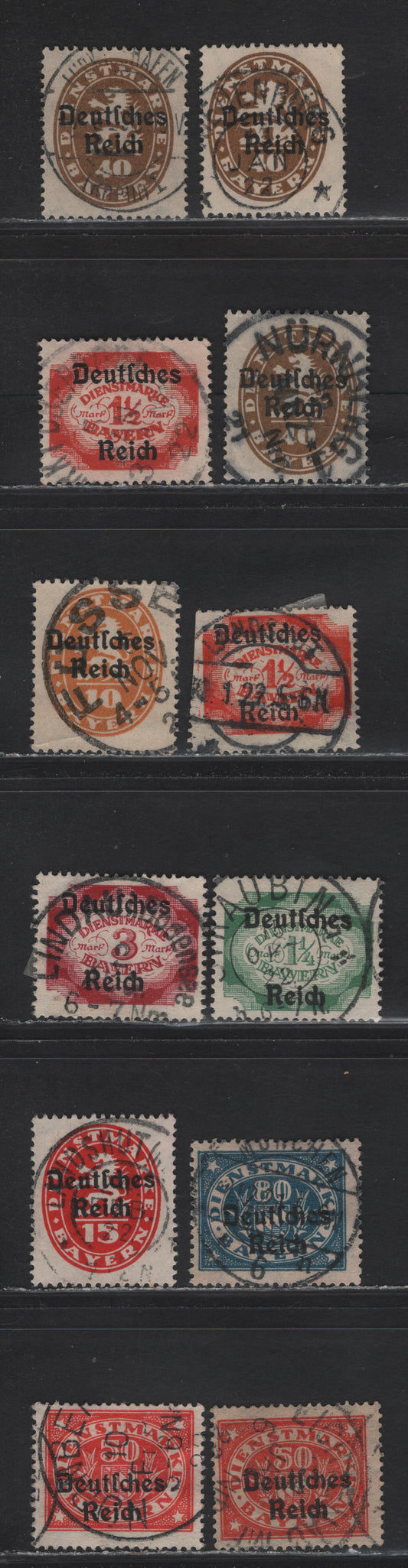 Lot 155 Germany - Bavaria SC# 10pf-3m  Orange - Dark Red Numerals & Arms, 1920 Deutches Reich Overprints on Official Issue, 12 Fine & VF Singles All With SON CDS Town Cancels, One O66 Is Damaged & Not Counted
