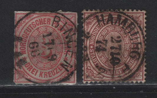 Lot 156 Germany - North German Confederation SC# 3kr, 1/2s Rose & Dull Violet Brown Numeral & Fancy Background, 1868-1879 Rouletted & Perforated Numeral Issues, 2 VF Singles With SON Bingen & Hamburg Cancels