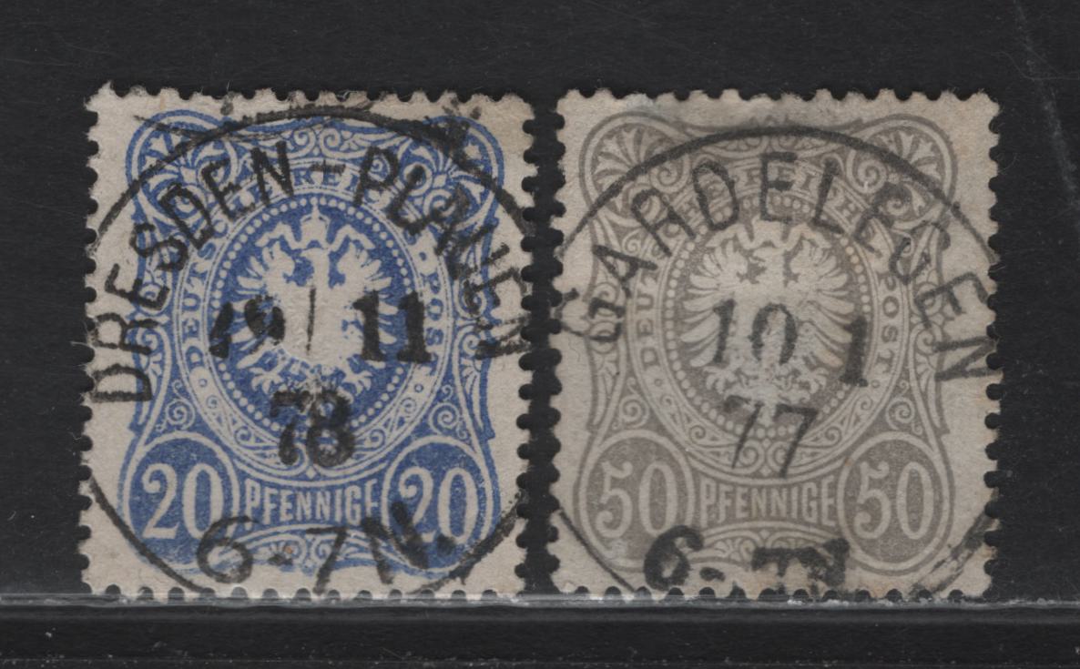 Lot 158 Germany SC#32, 35 20pf, 50pf Ultramarine & Grey Coat of Arms, 1875-1877 Embossed Eagle Issue With Final E In Pfennige, 2 VF Singles With SON Dresden-Plauen and Gardelegen CDS Cancels