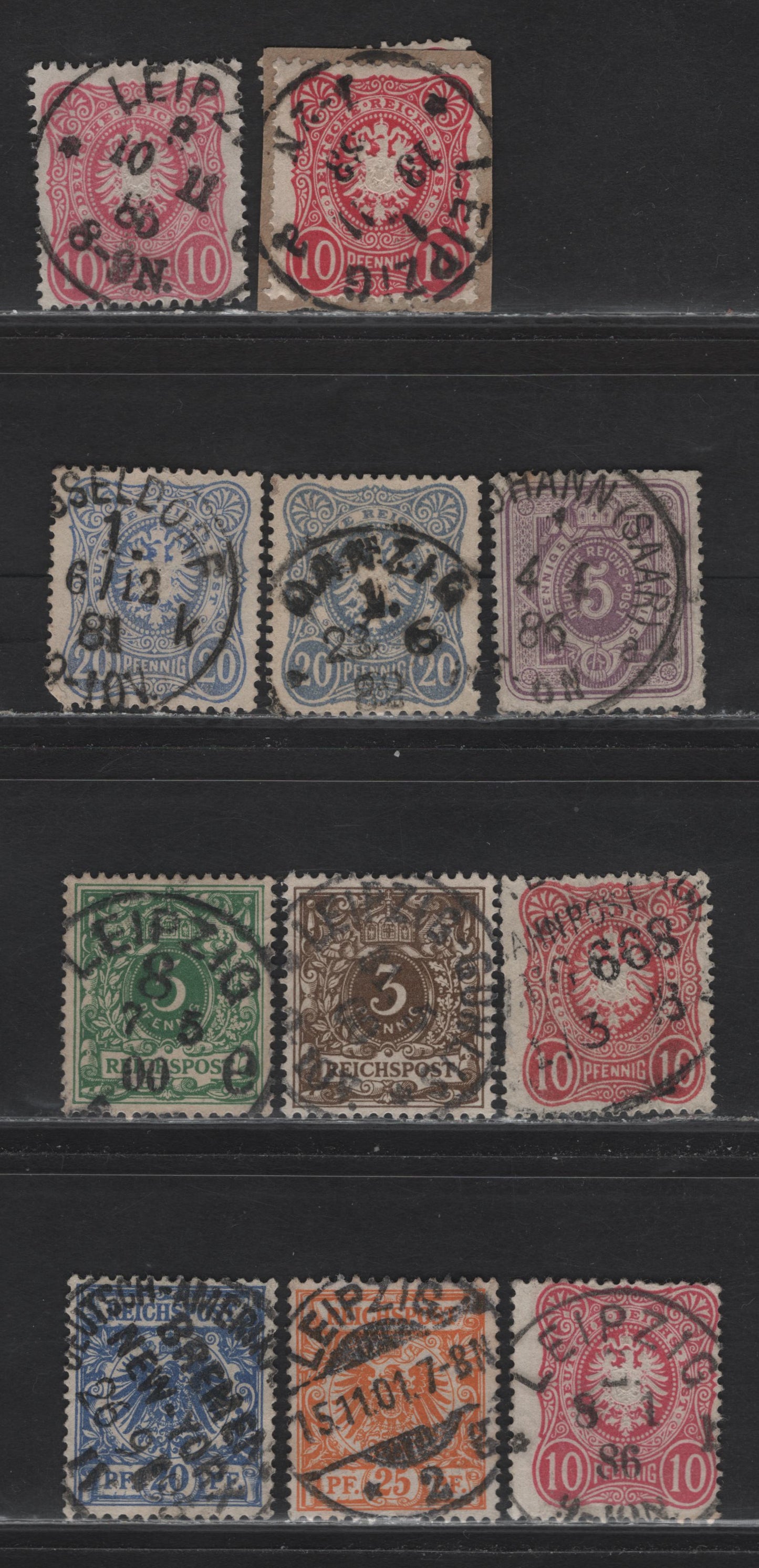 Lot 159 Germany SC#39/50 3pf-25pf  1880-1900 Embossed Eagle Issue Without Final E In Pfennige & Typographed Numeral & Arms Issue, 12 Fine & VF Singles All With SON CDS Town Cancels, Including German-America Steamship Cancel on 20pf