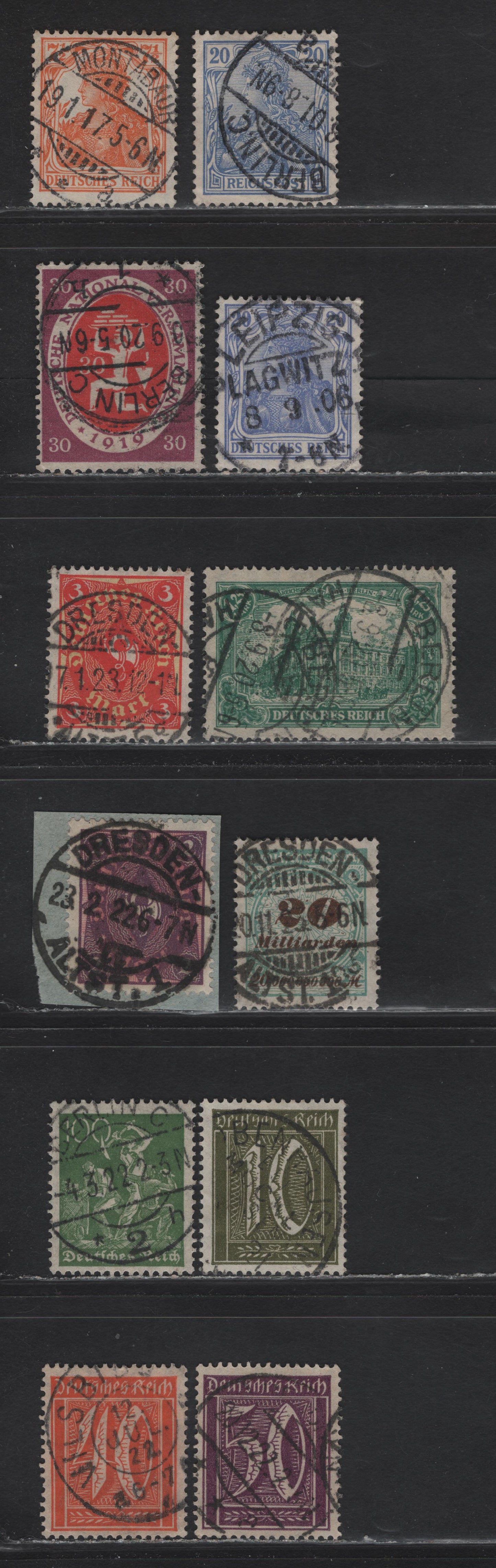 Lot 160 Germany SC#56, 84e, 98, 108, 112, 138, 142, 143, 146, 150, 151, 298 20pf-20mlrdm Ultramarine - Bluish Green & Brown Germania - Numeral, 1900-1923 Germania & Numeral Issue, 12 Fine & VF Singles All With SON CDS Town Cancels