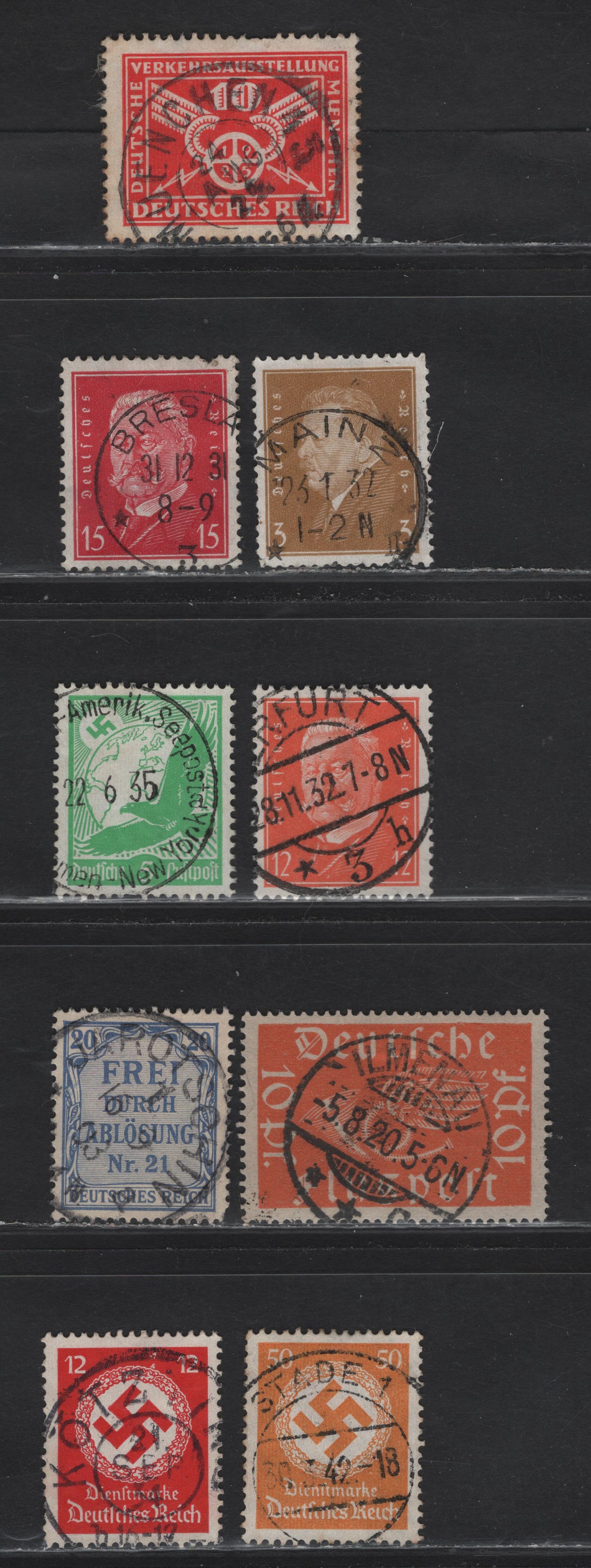 Lot 161 Germany SC#346, 366, 373-374, C1, C46, OL5, O86, )91 10pf-50pf  Vermilion - Orange Yellow Traffic Wheel - Swastika, 1925-1934 German Traffic Exhibition - Official Issue, 9 Fine & VF Singles All With SON CDS Town Cancels