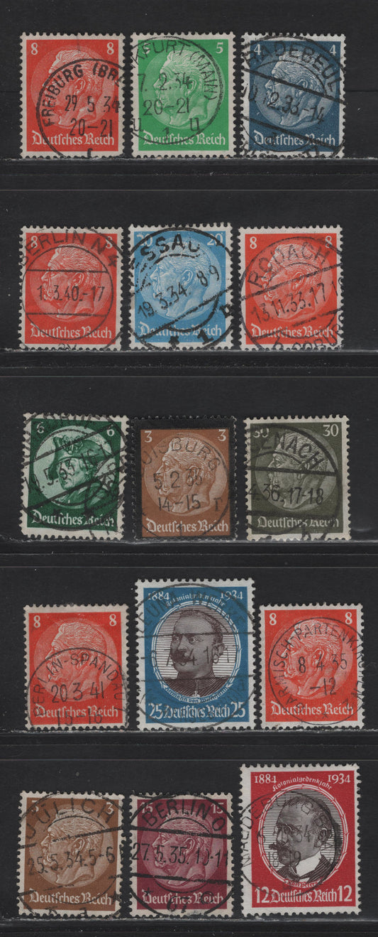 Lot 162 Germany SC#391/436 4pf-3pf Grey Blue - Olive Bistre Von Hindenburg - Herman Von Wissman, 1932-1934 Von Hindenburg Definitives Wmk Network - Memorial Issue, 15 Fine & VF Singles All With SON CDS Town Cancels, 15pf Has a Thin and is Not Counted