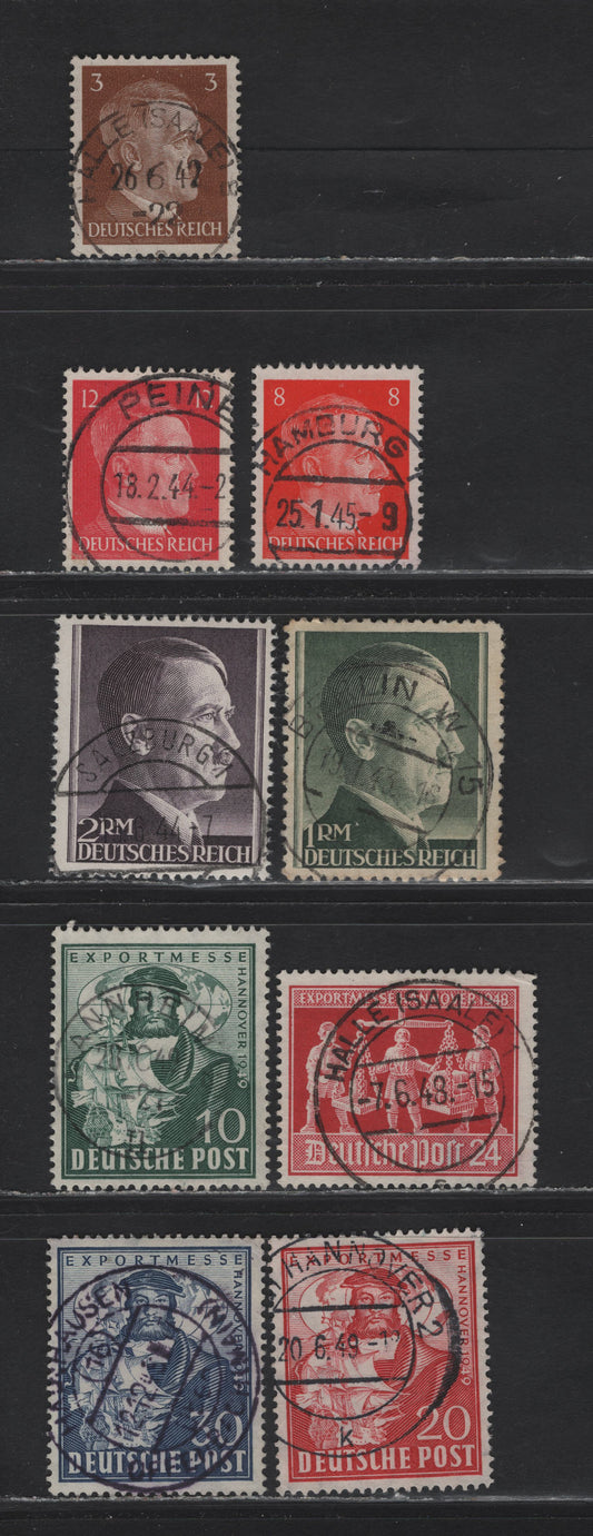 Lot 164 Germany SC#507, 511, 511B, 524a, 525, 584, 662-664 3pf-30pf Light Brown - Blue Hitler - Herman Hildebrant Wedigh, 1941-1949 Hitler Definitives - Hannover Export Fair, 9 Fine & VF Singles All With SON CDS Town Cancels, 2m Purple is A CTO