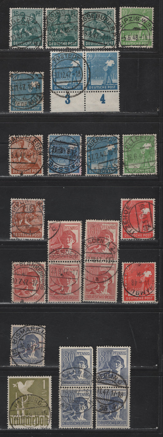 Lot 165 Germany SC#559/574, 607 10pf-1Rm Vermilion - Olive  1947-1948 Reconstruction Definitives, 16 Fine & VF Singles and 6 Pairs All With SON CDS Town Cancels & Shade Variations, One 80pf in Pair With Corner Crease Not Counted
