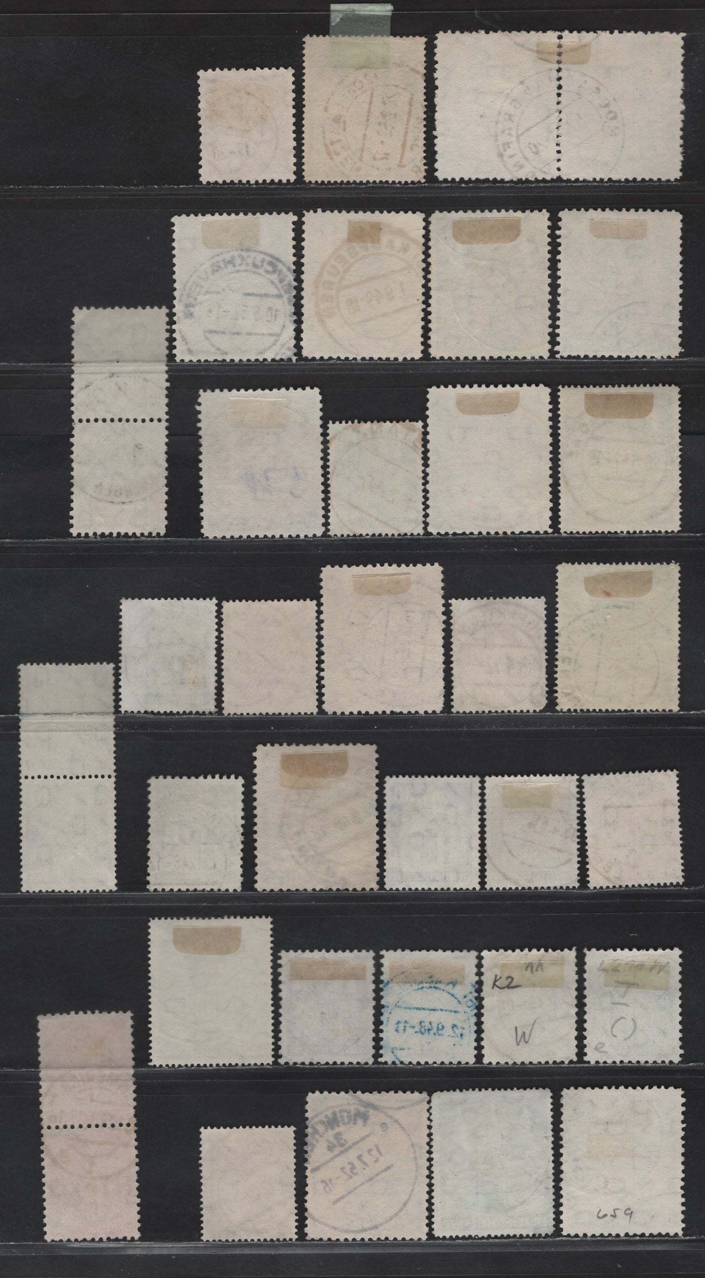 Lot 167 Germany SC#635/657a, 658a, 659a, 660a, 661a, 635a, 641a, 649a,  4pf-5DM Orange Brown - Blue Various Buildings, 1948-1951  Buildings Issue, 29 Fine & VF Singles and 4 Pairs All With SON CDS Town Cancels, Perforation Varieties