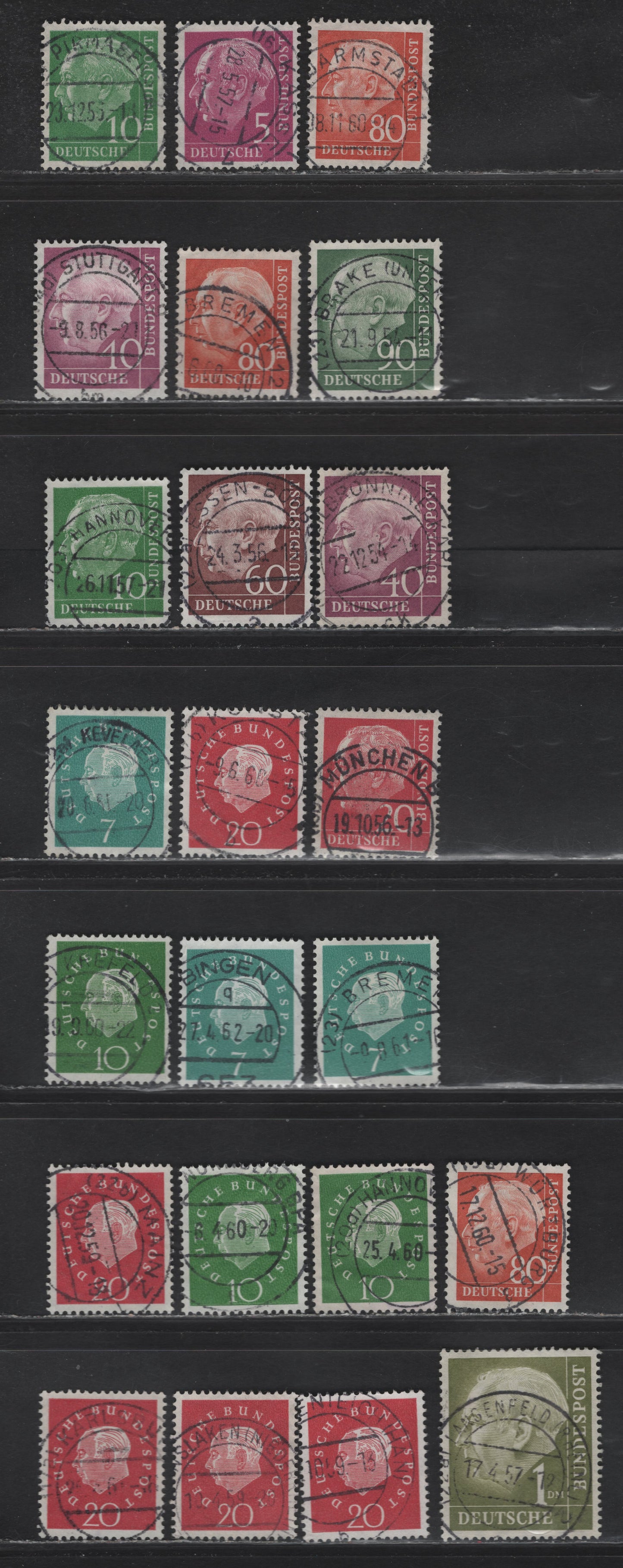 Lot 169 Germany SC#704/719, 760, 793-795 5pf-1DM Rose Lilac - Olive Theodor Heuss, 1954-1960 Heuss Definitives, 23 VF Singles All With SON CDS Town Cancels