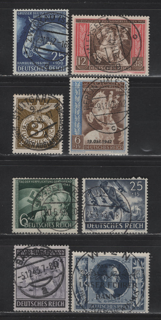 Lot 171 Germany SC#B191, B211, B213, B217, B226, B230, B233, B244 25pf +100pf - 6pf+4pf Saphire - Violet Black Race Horse - Race Horse, 1941-1943 Blue Ribbon Race - Grand Prize ofd the Freudineau, 8 Fine & VF Singles All With SON CDS Town Cancels
